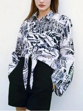 Zara Printed Shirt with a Tie Knot, featuring a cityscape graphic design.